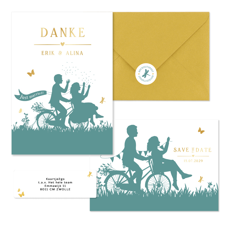 Hochzeitskartenset Scherenschnitt Brautpaar auf Fahrrad