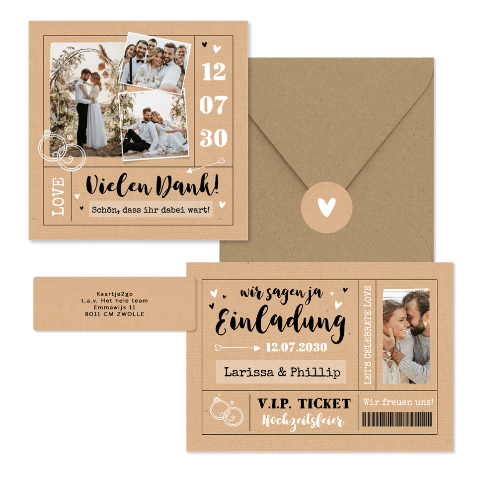 Hochzeitskarten als Ticket-Set in Kraftpapier