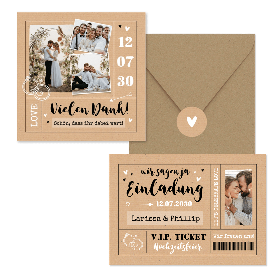 Hochzeitskarten als Ticket-Set in Kraftpapier