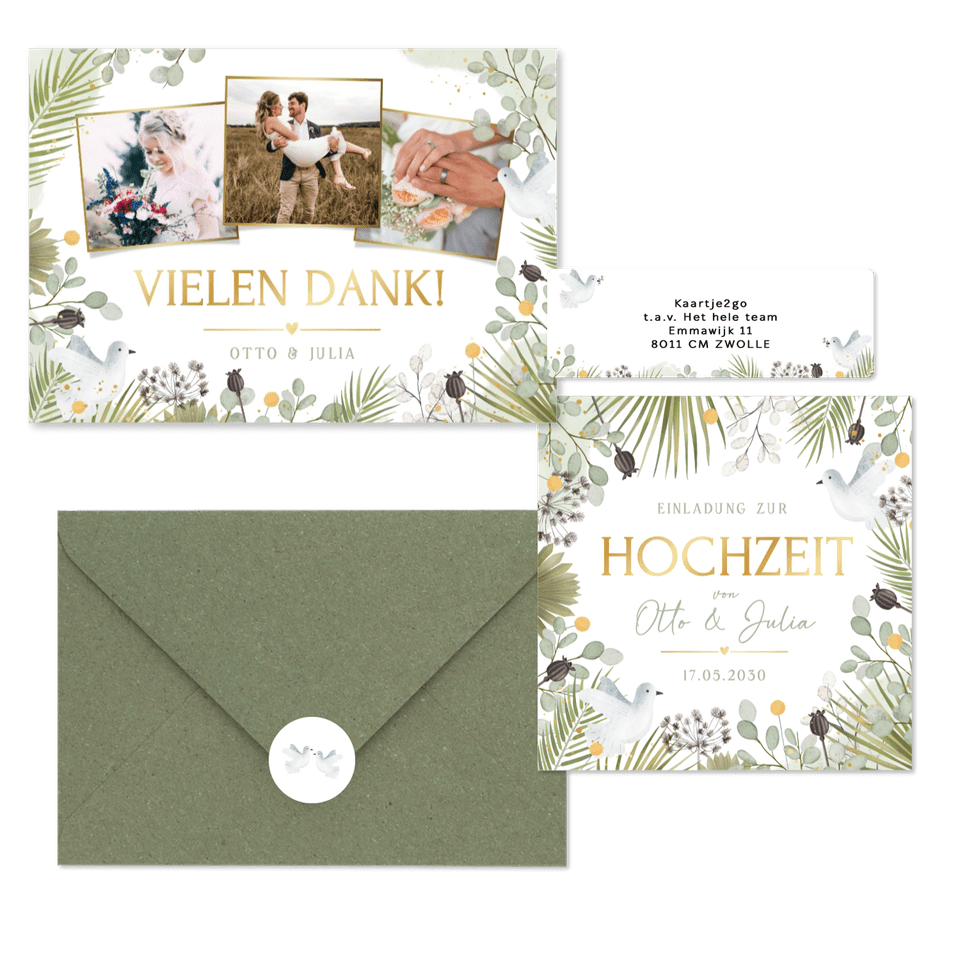 Hochzeit - Zwei weiße Tauben mit vielen grünen Zweigen