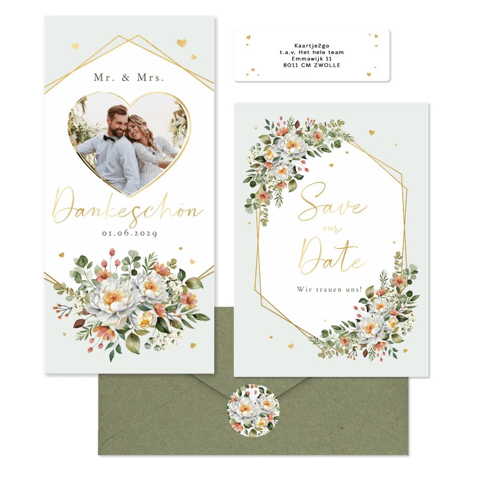 Hochzeitskartenset Pfingstrose Blumenbukett Mintgrün