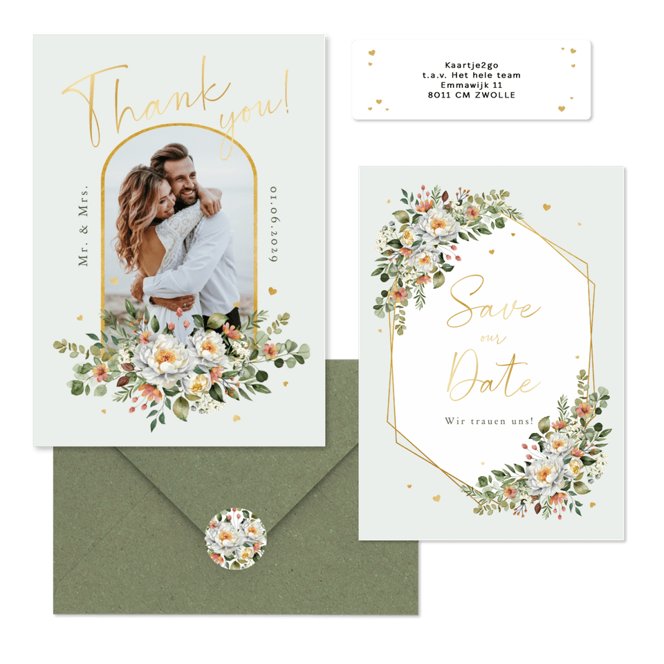 Hochzeitskartenset Pfingstrose Blumenbukett Mintgrün