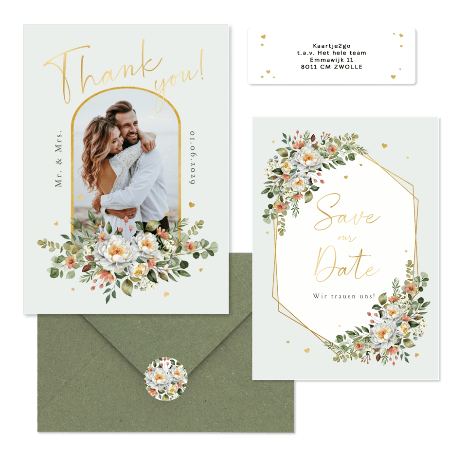 Hochzeitskartenset Pfingstrose Blumenbukett Mintgrün