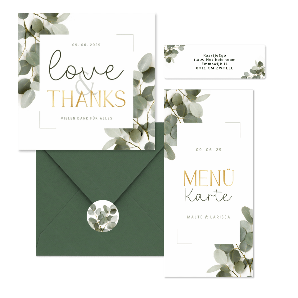 Hochzeitskarten dunkle Eukalyptuszweige & Schreibschrift