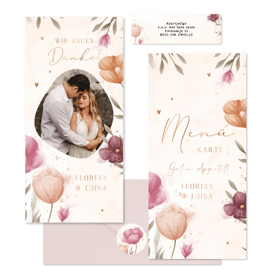 Hochzeitskartenset mit Frühlingsblumen Aquarell & Kupfer