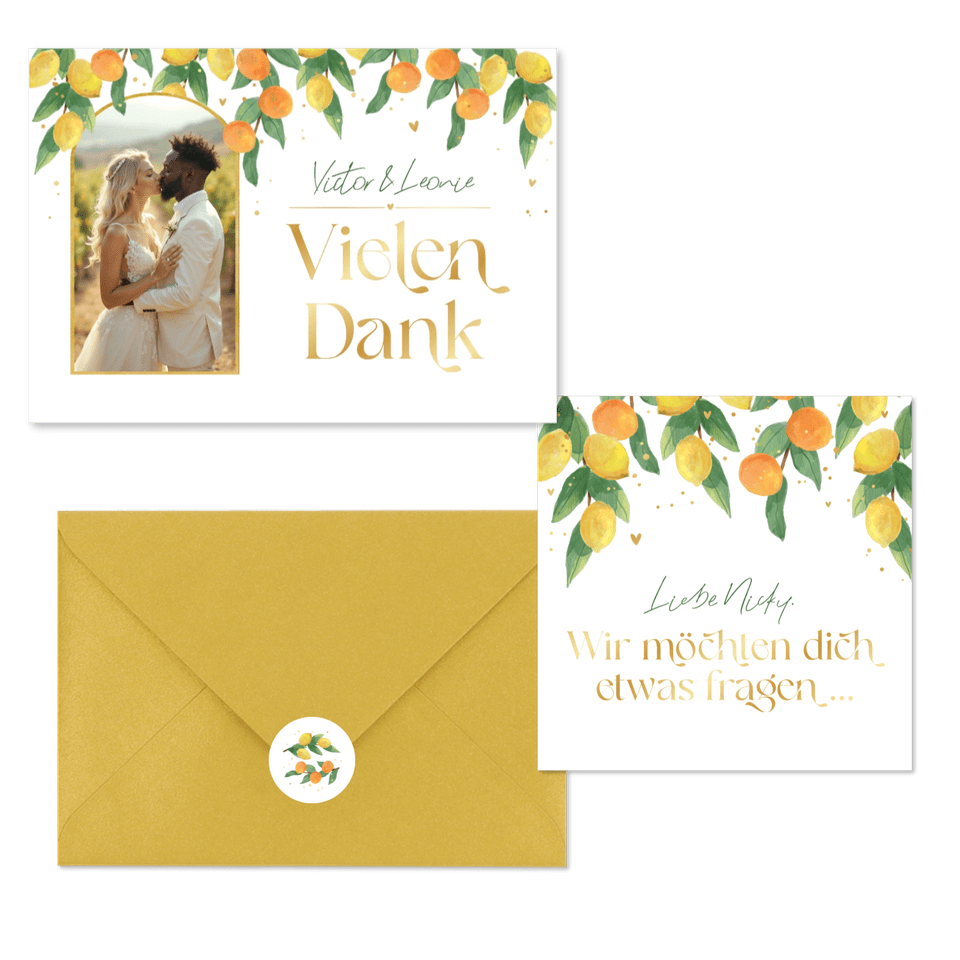 Hochzeitskartenset Zitruszweige mit Zitronen und Orangen