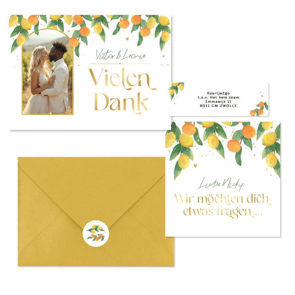 Hochzeitskartenset Zitruszweige mit Zitronen und Orangen