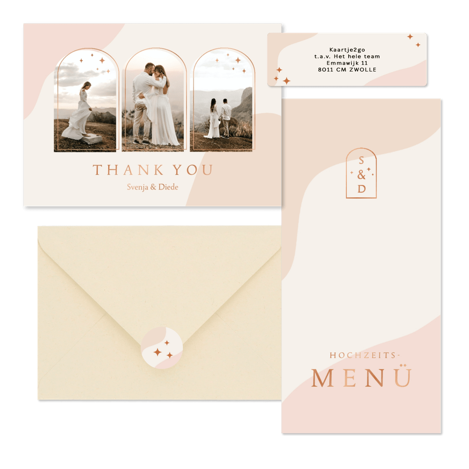 Hochzeitskartenset Bogenfenster auf Rosa mit Kupferelementen