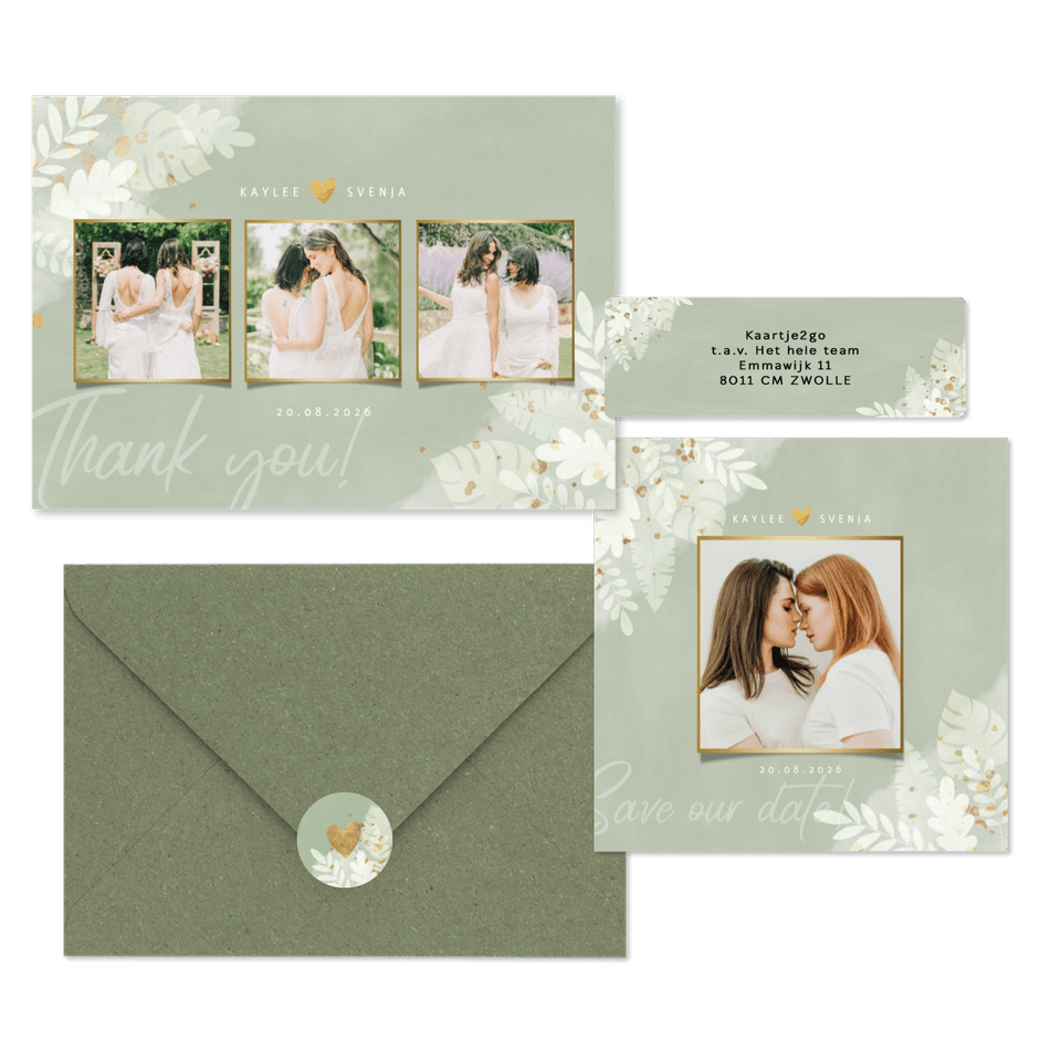 Hochzeitskartenset weiße Zweige auf grünem Aquarell