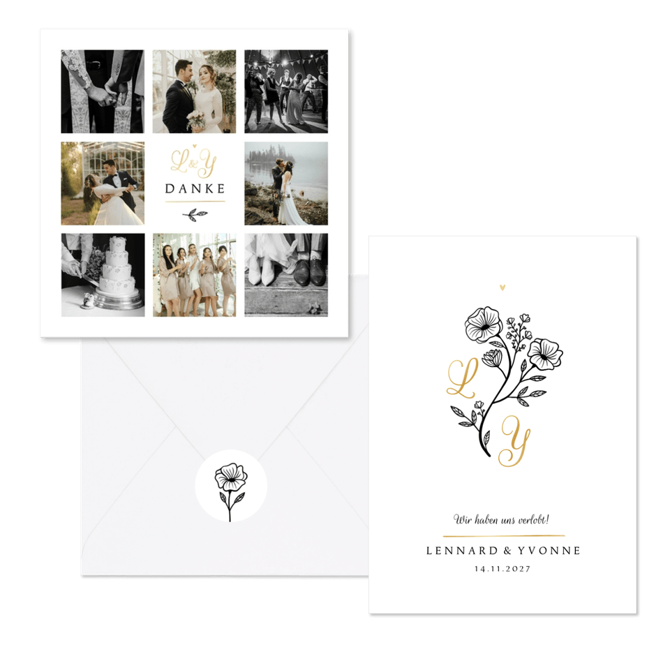 Hochzeitskartenset Blumenillustration schwarz-weiß