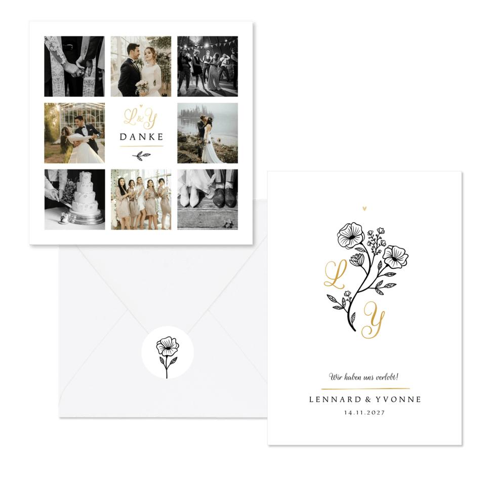 Hochzeitskartenset Blumenillustration schwarz-weiß