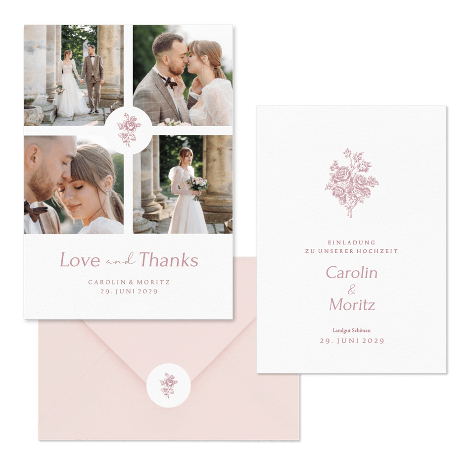 Hochzeitskartenset Altrosa englische Rosen klassisch