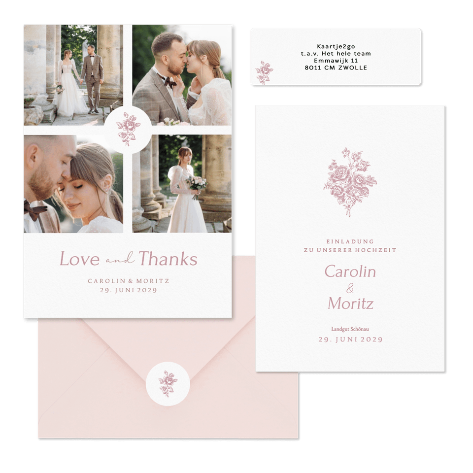 Hochzeitskartenset Altrosa englische Rosen klassisch