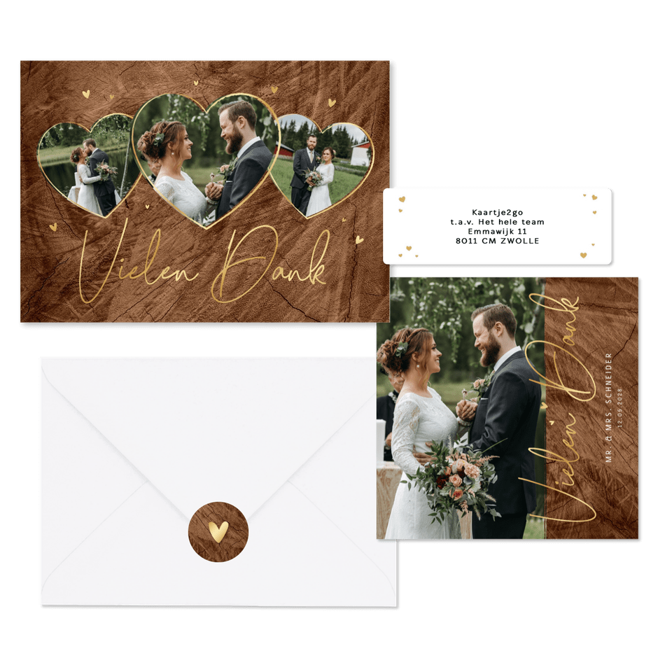 Hochzeitskartenset Holzoptik mit Goldschrift
