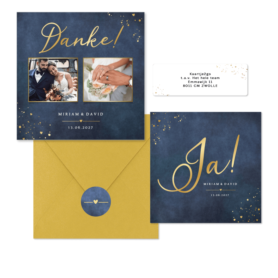 Hochzeitskartenset schlicht Gold auf Dunkelblau