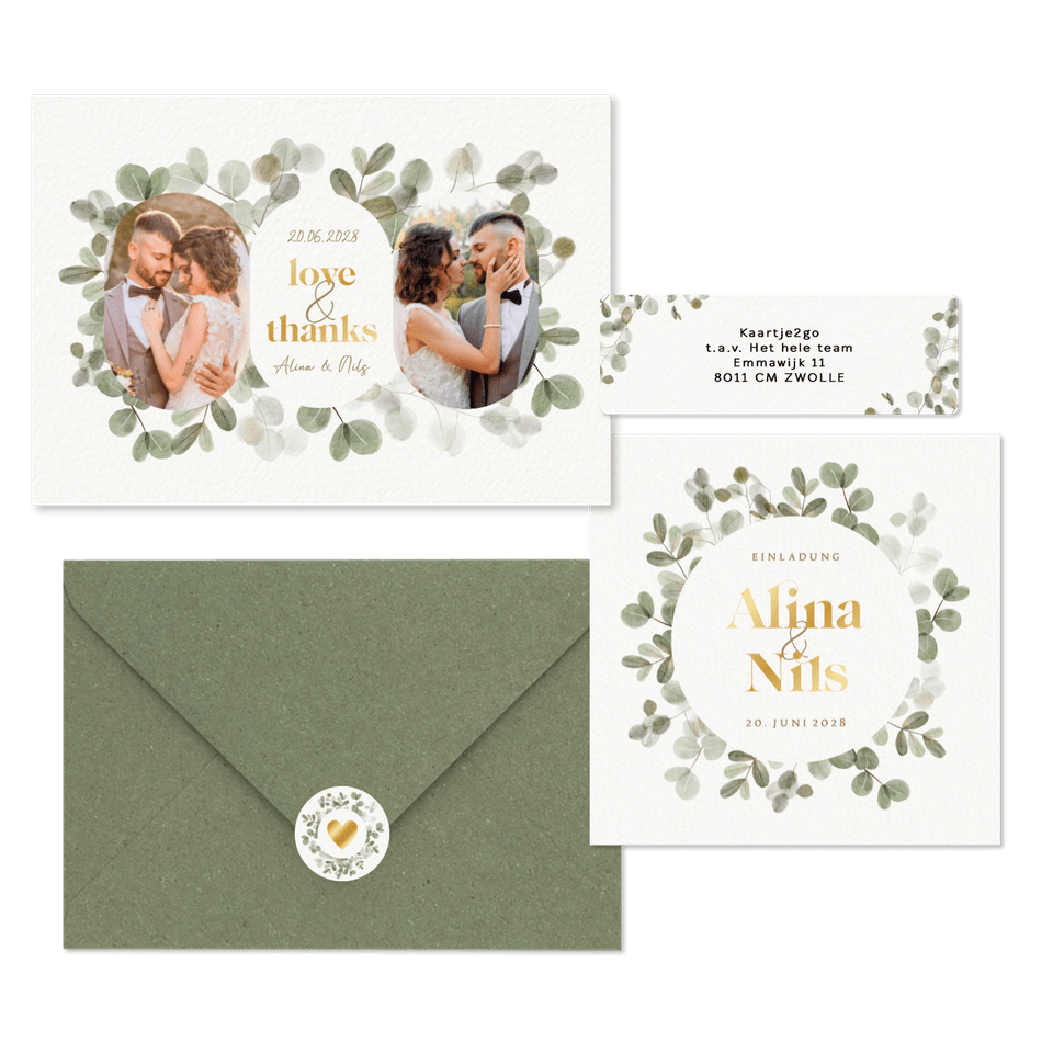 Hochzeitskartenset mit Eukalyptuskranz und Goldschrift
