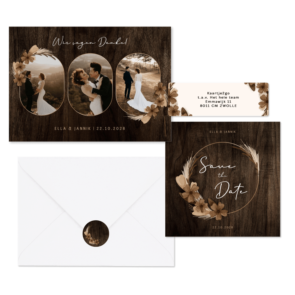 Hochzeitskartenset Trockenblumenkranz auf Holz