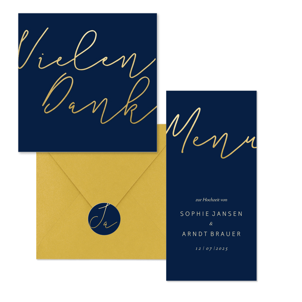 Hochzeitskartenset einfache Goldschrift auf Dunkelblau