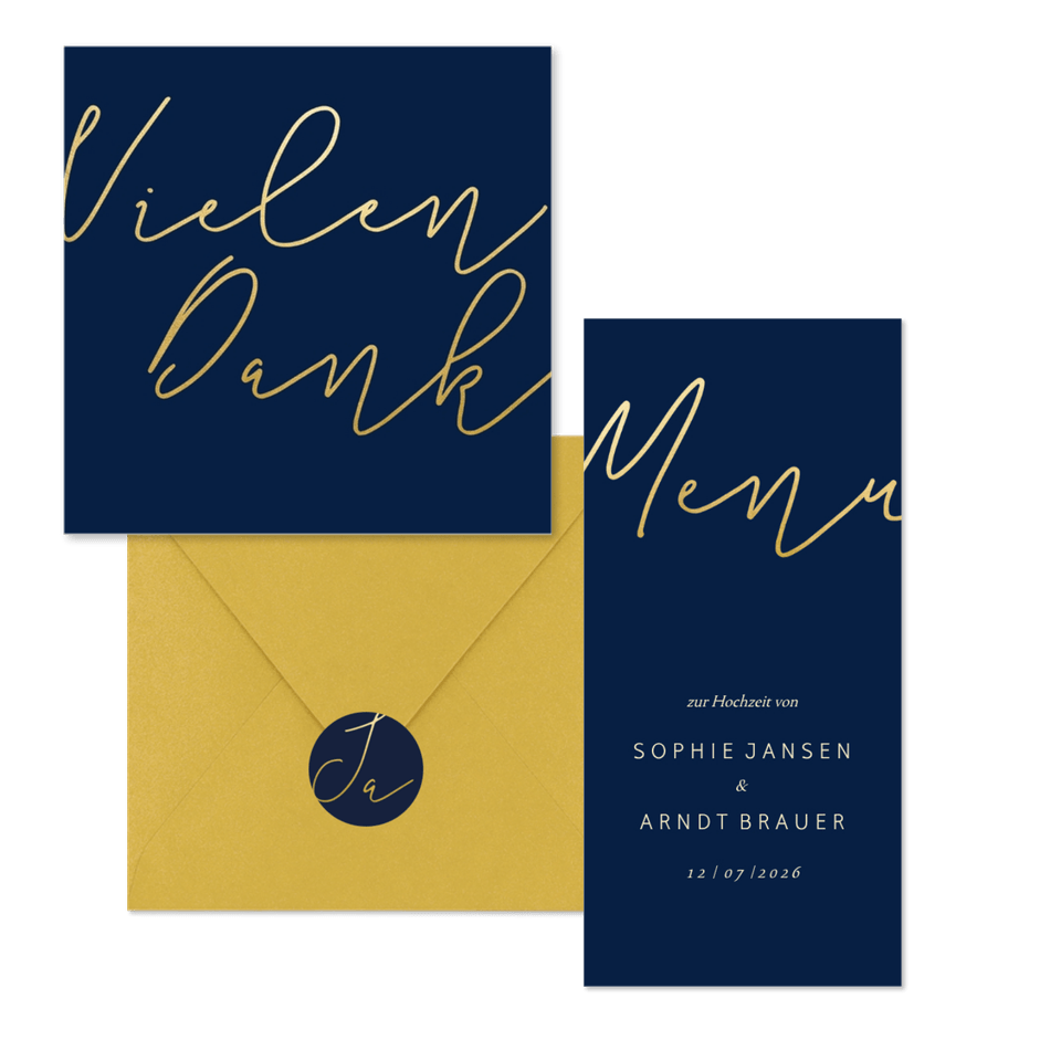Hochzeitskartenset einfache Goldschrift auf Dunkelblau