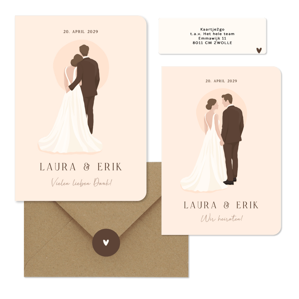 Hochzeitskartenset Illustrationen Brautpaar auf Beige