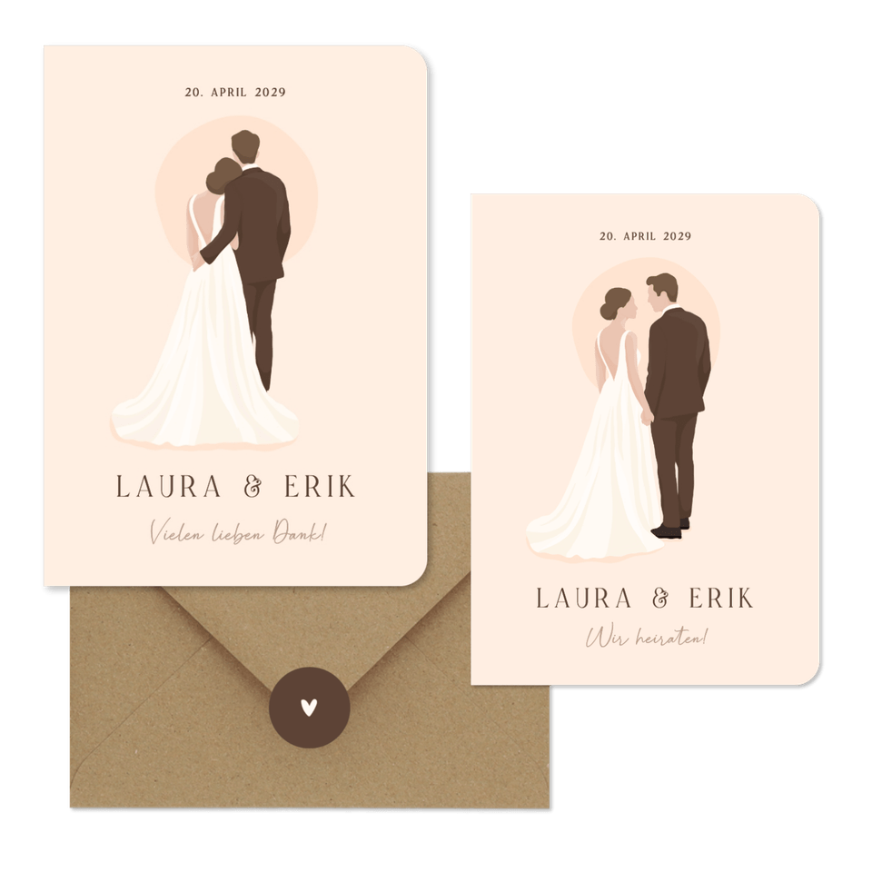 Hochzeitskartenset Illustrationen Brautpaar auf Beige