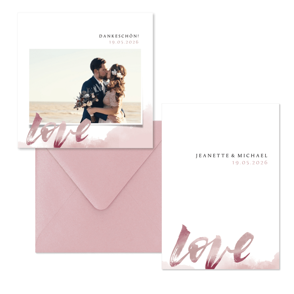 Hochzeitskartenset Love Lettering Aquarell Altrosa