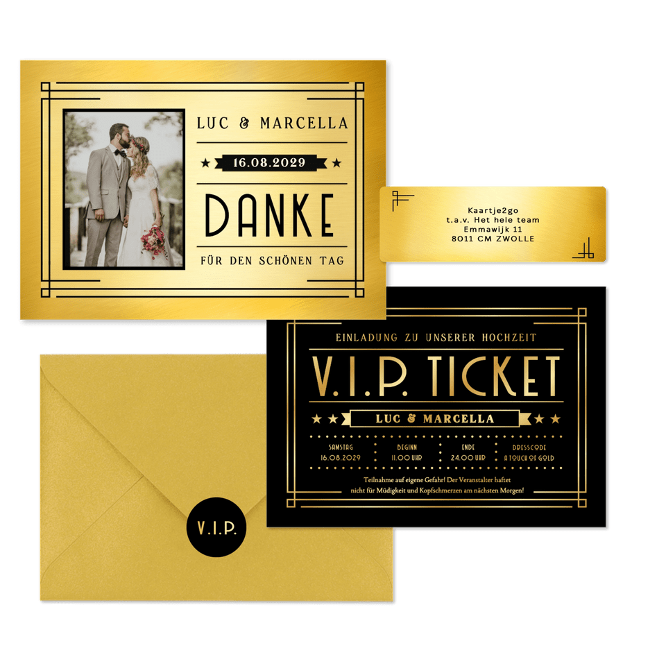 Hochzeitskartenset Artdeco Ticket in Gold & Schwarz