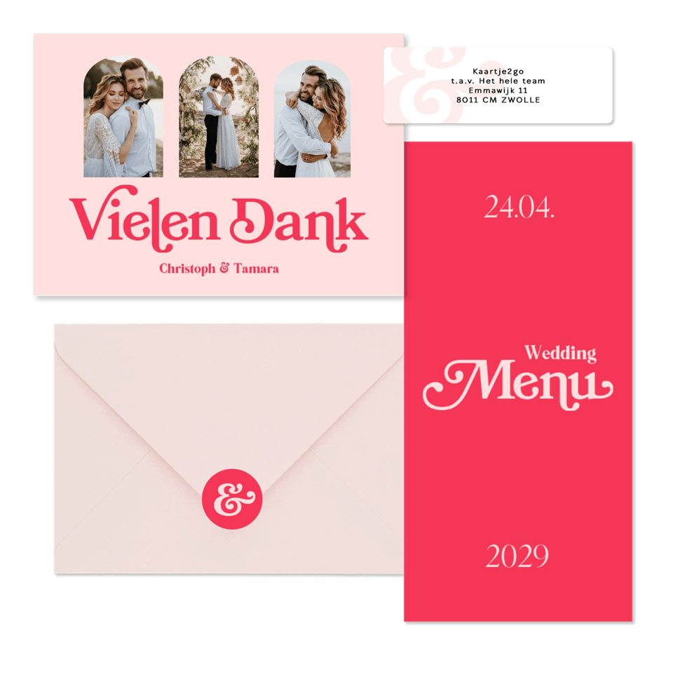 Hochzeitskartenset in Pink Retro mit Foto
