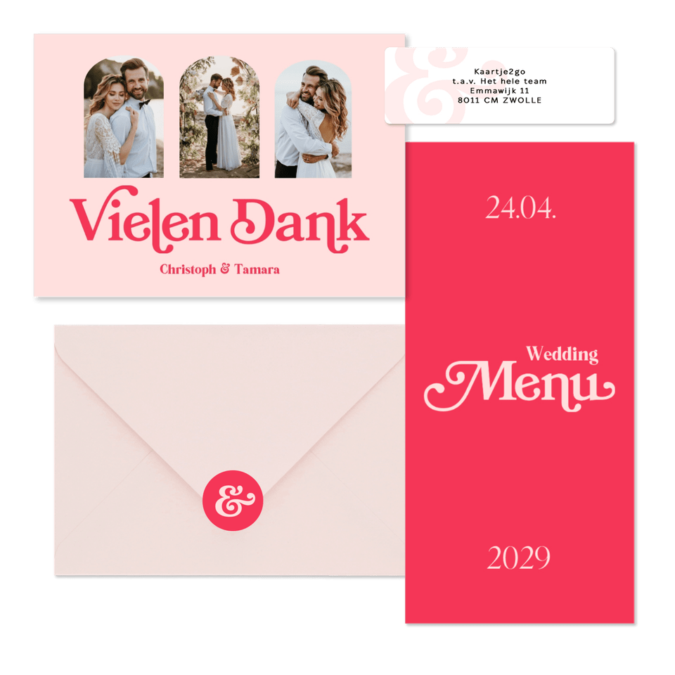Hochzeitskartenset in Pink Retro mit Foto