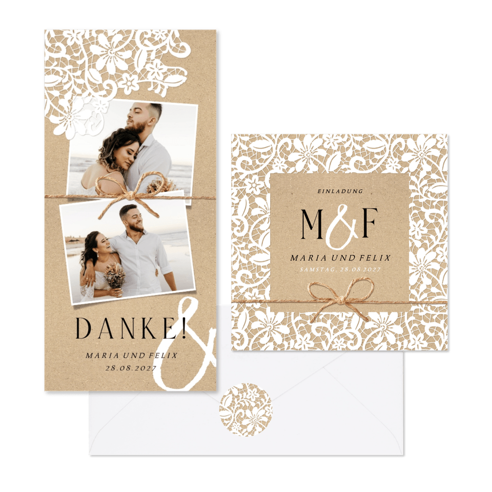 Hochzeitskartenset mit romantischer Spitze auf Kraftpapier