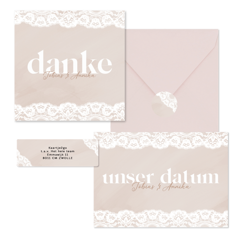Hochzeitskartenset Spitzendekor auf Altrosa