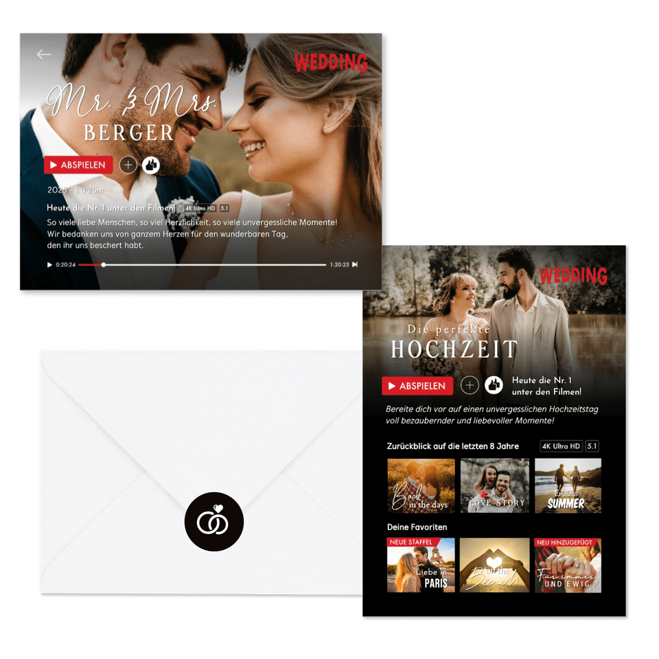 Hochzeitskarten im Streamingdienst-Look