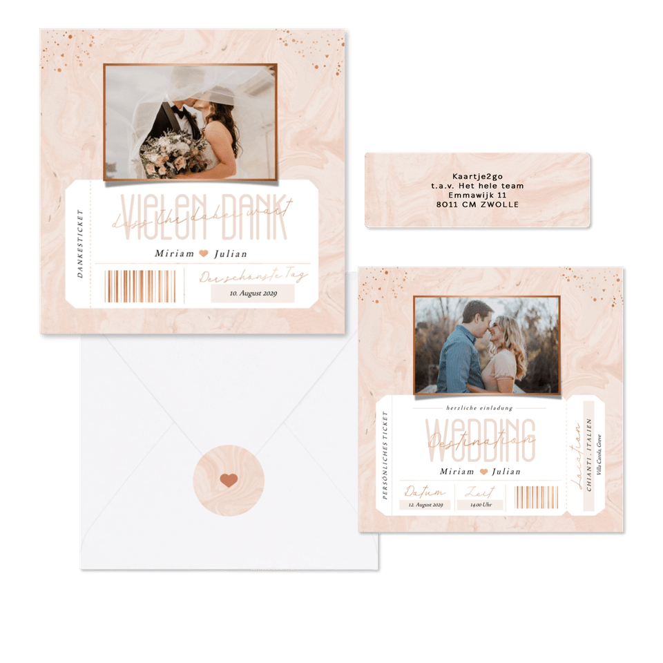 Hochzeitskartenset in rosa Marmoroptik als Ticket