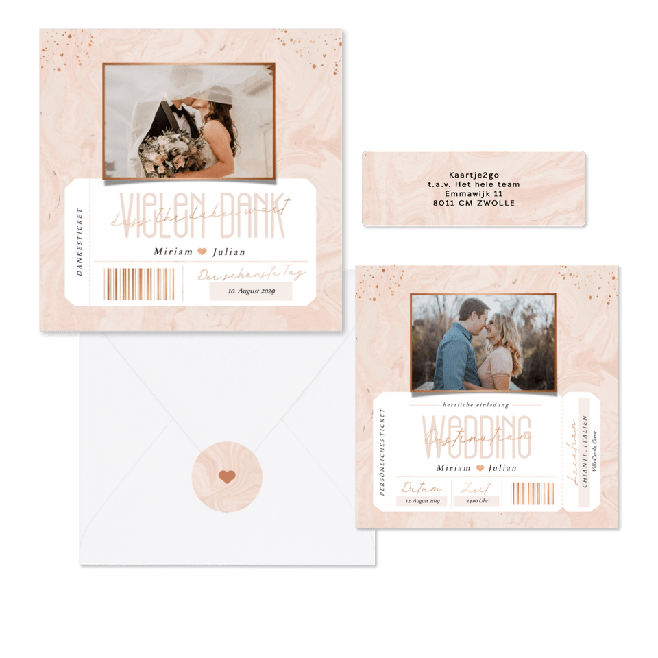Hochzeitskartenset in rosa Marmoroptik als Ticket 