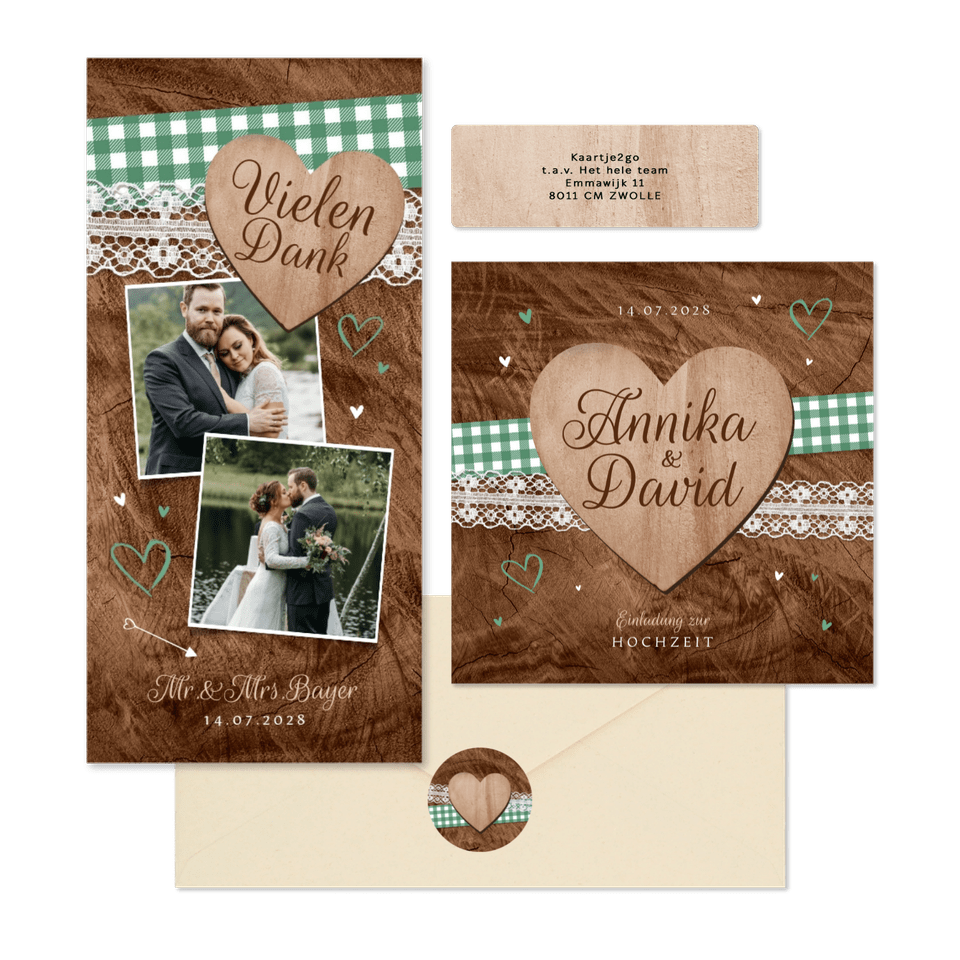 Hochzeitskartenset Trachtenlook auf Holz