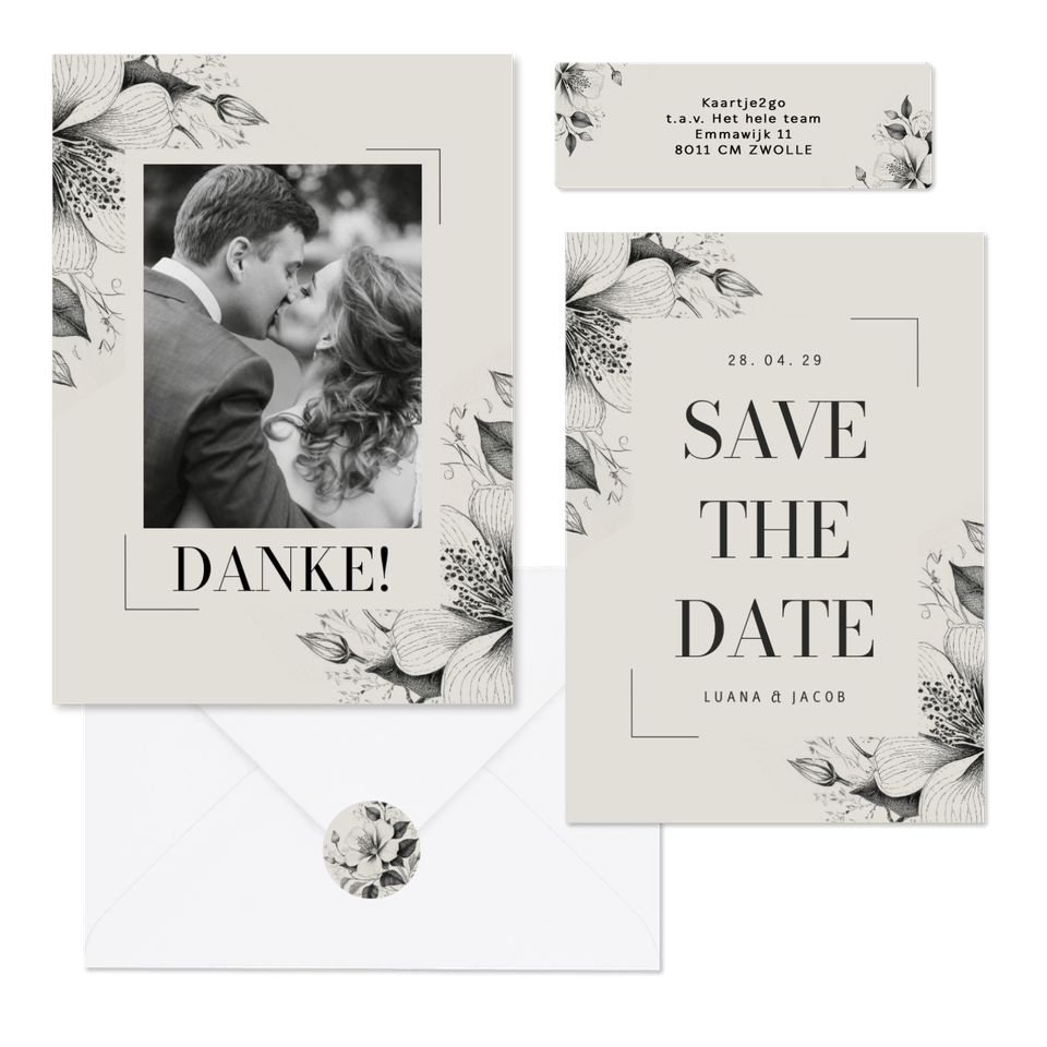 Hochzeitskartenset Vintage Blumen als Kohlezeichnung