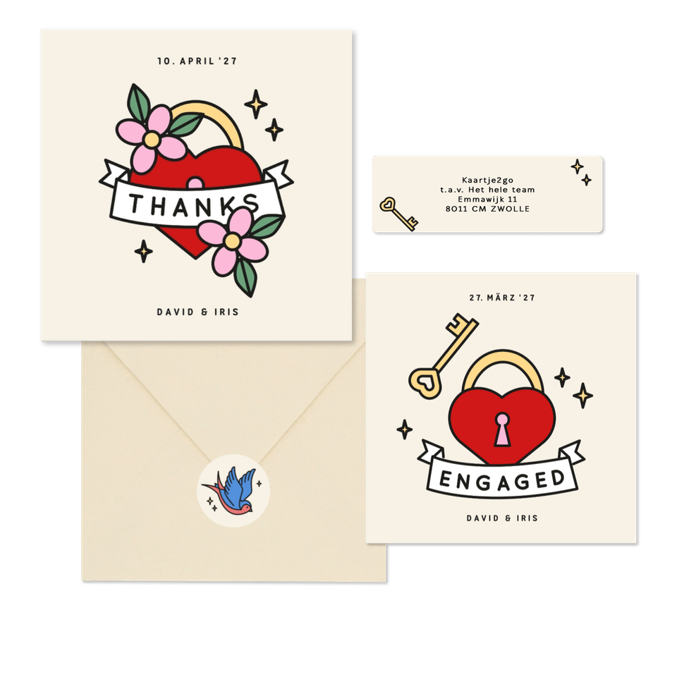 Hochzeitskartenset im Tattoolook Herz und Schwalben