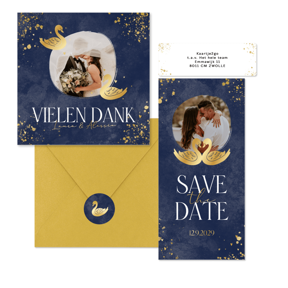 Hochzeitkartenset mit zwei goldenen Schwänen auf Dunkelblau