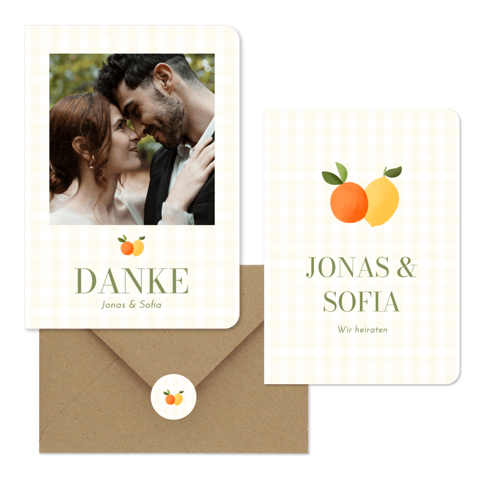Hochzeitskartenset Mandarine und Zitrone auf gelben Karos