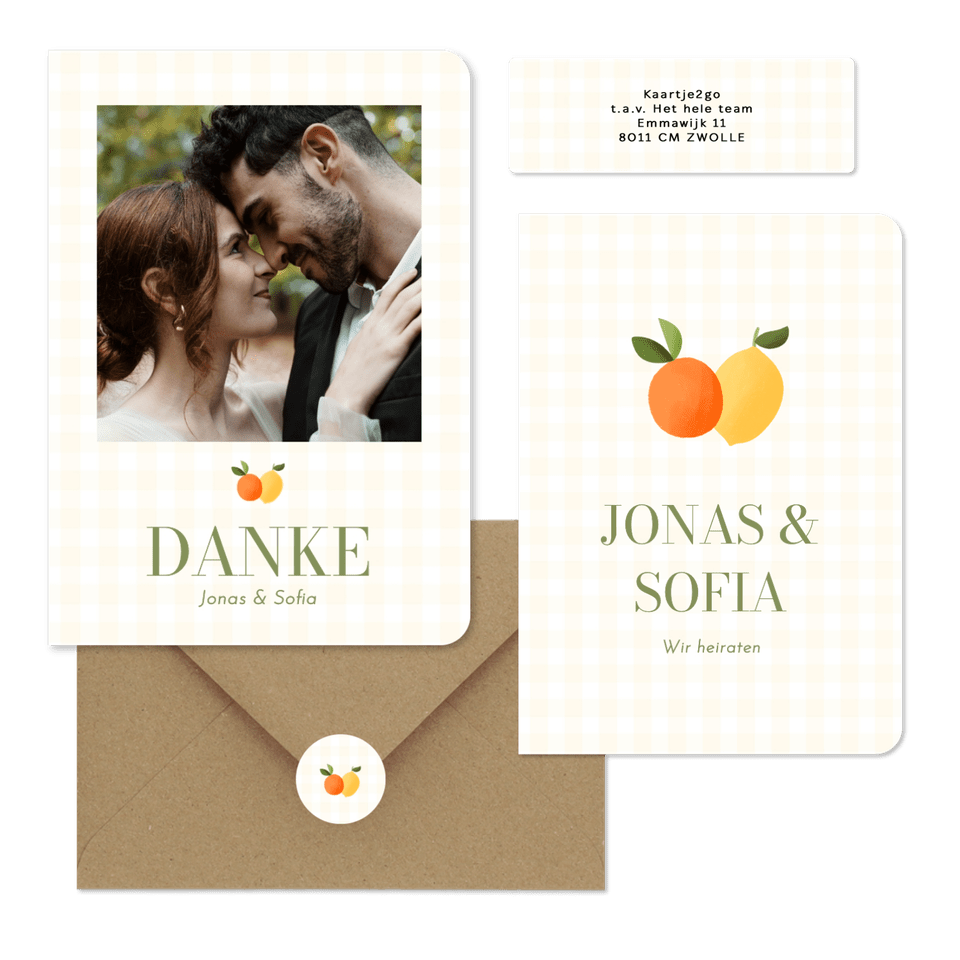 Hochzeitskartenset Mandarine und Zitrone auf gelben Karos
