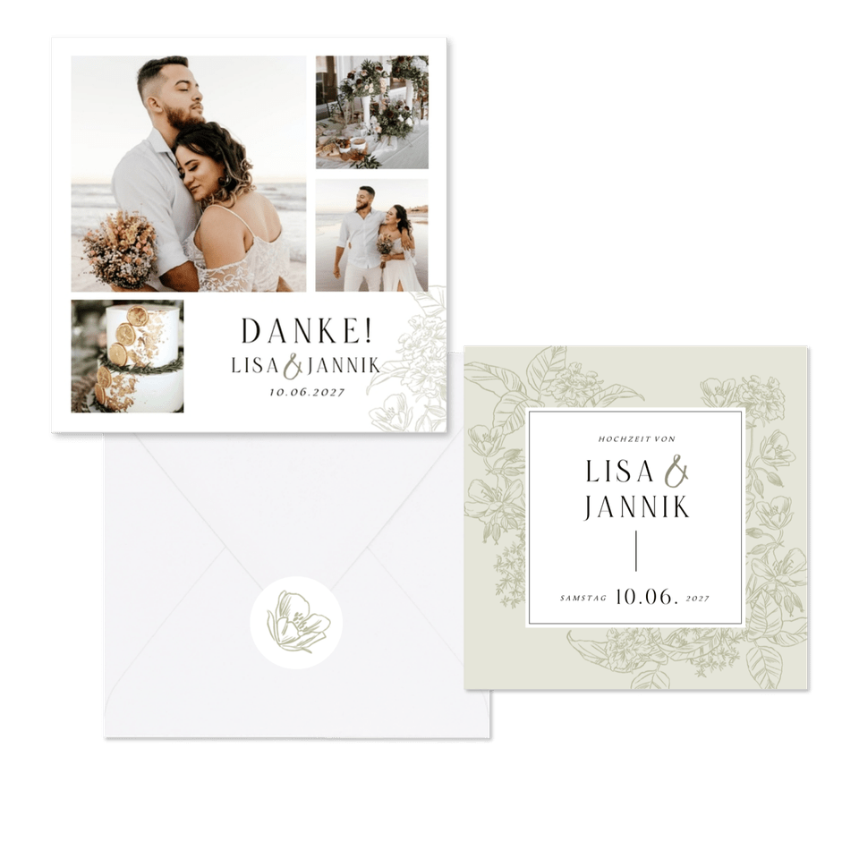 Hochzeitskartenset Blumen Line-Art in hellgrün pastell