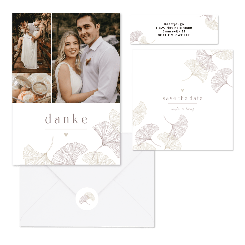 Schlichtes Hochzeitskartenset mit feinen Ginkgoblättern