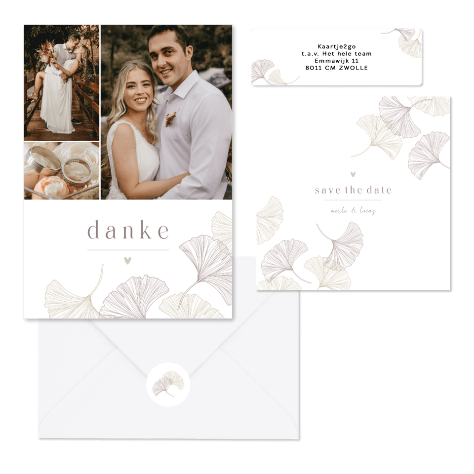 Schlichtes Hochzeitskartenset mit feinen Ginkgoblättern