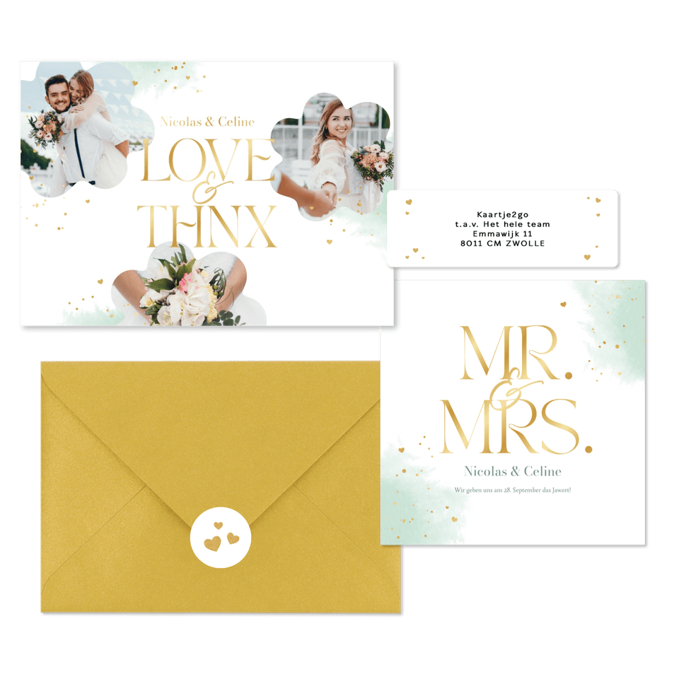 Hochzeitskartenset Wasserfarbe in Mintgrün & Gold
