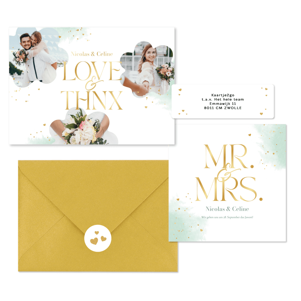 Hochzeitskartenset Wasserfarbe in Mintgrün & Gold