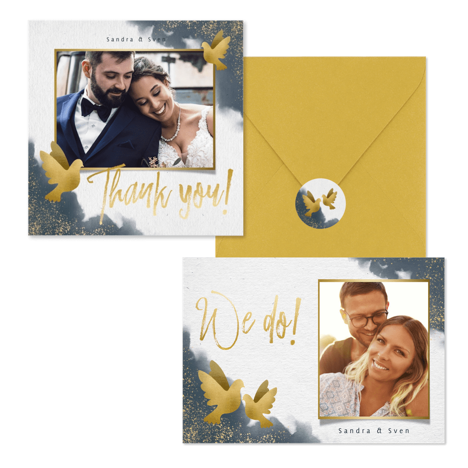 Hochzeitskartenset goldene Tauben auf Aquarell