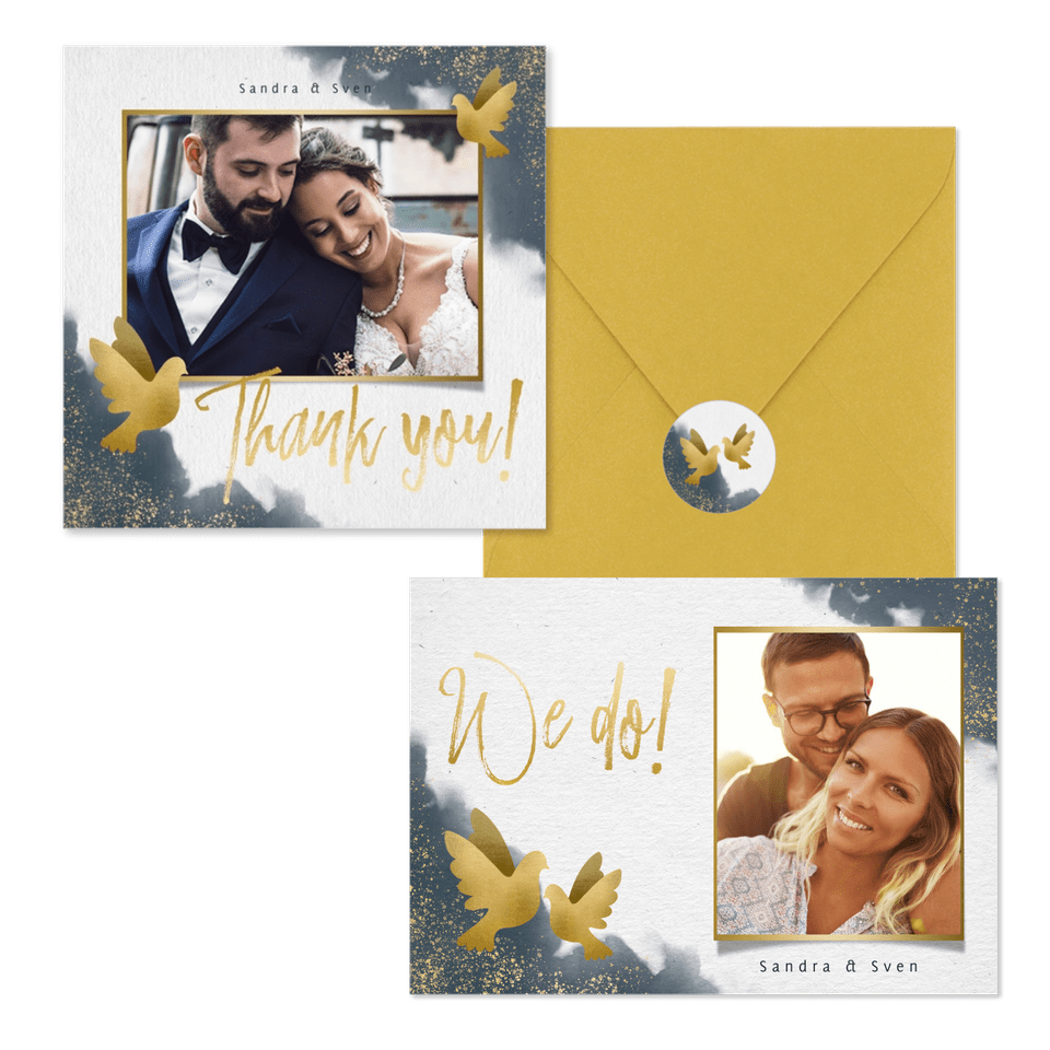 Hochzeitskartenset goldene Tauben auf Aquarell