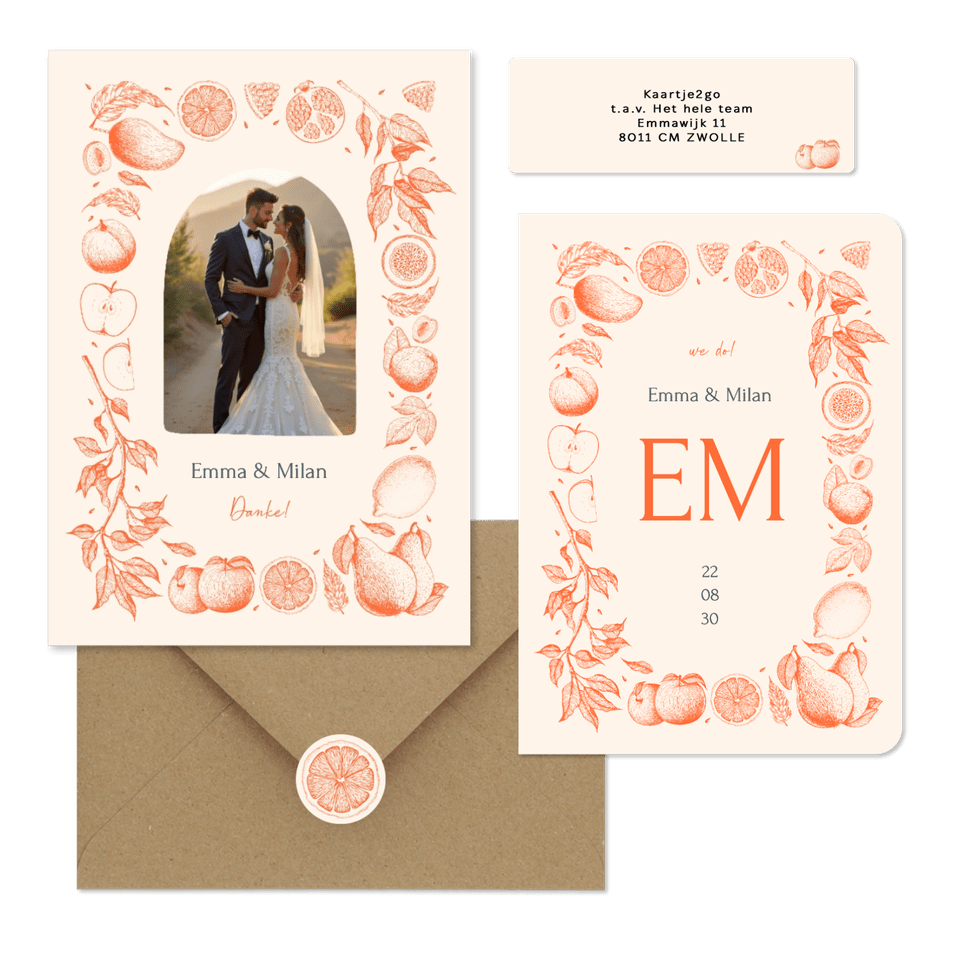 Hochzeit - Früchte in feinen Linienzeichnungen orange