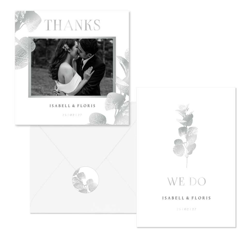 Hochzeitskartenset einfacher Eukalyptuszweig in Silber