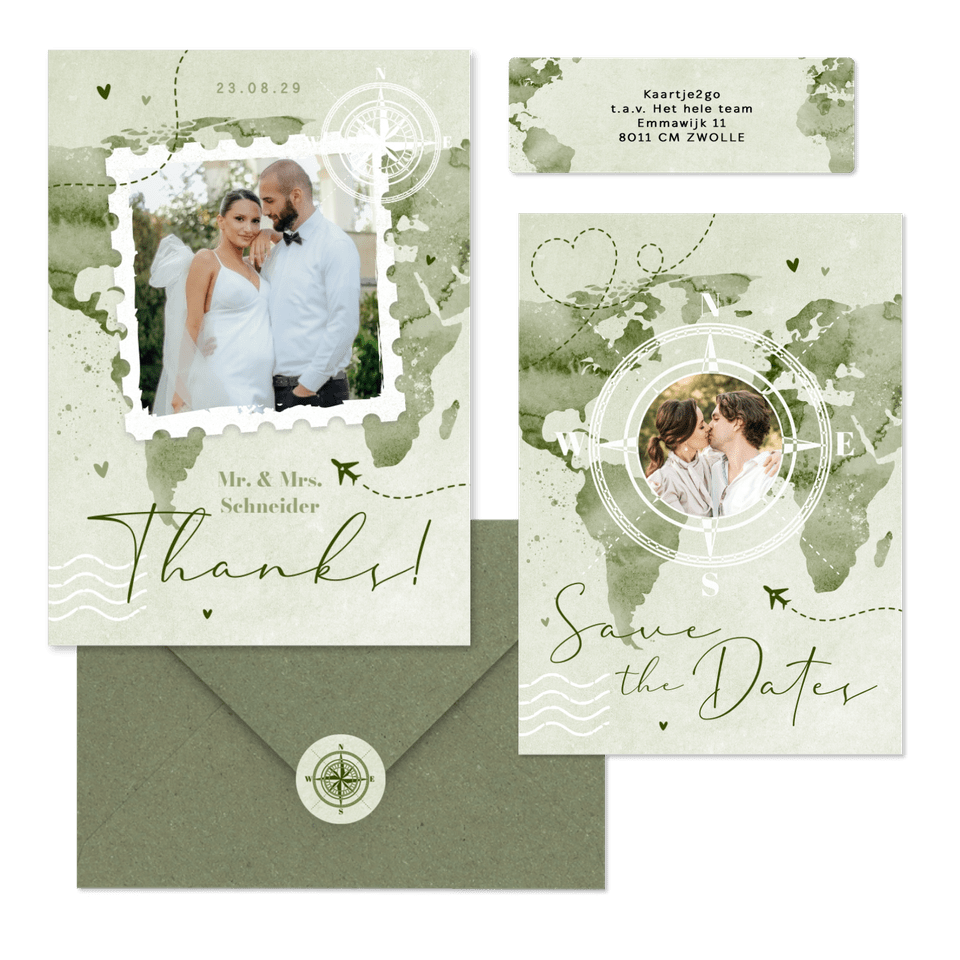 Hochzeitskartenset Aqaurell Weltkarte und Flugzeug in Grün